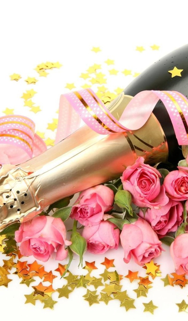 Шампанское и букет роз для любимой на 8 марта