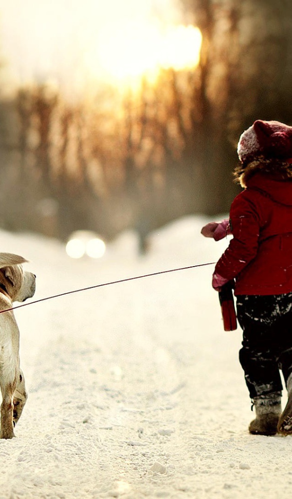 Девочка ведет собаку на поводке на прогулку