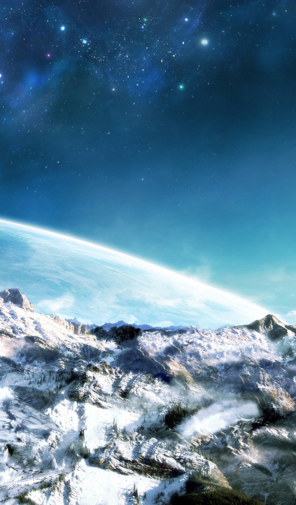 Ледяной мир на фоне чужих планет