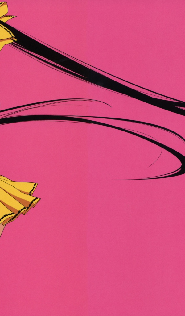 Девушка аниме с длинными черными волосами на розовом фоне