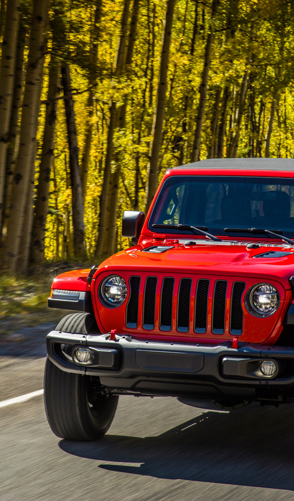 Красный автомобиль Jeep Wrangler Rubicon 2, 2018 на лесной трассе