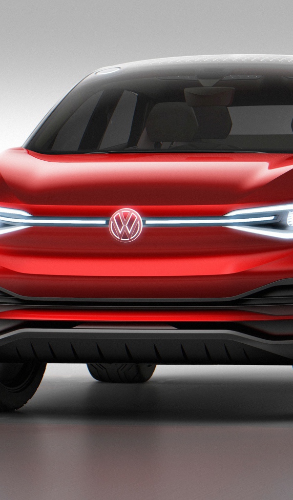 Красный автомобиль купе-кроссовер Volkswagen I.D. Crozz, 2017 на сером фоне