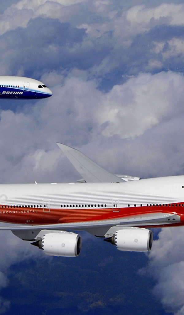 Два пассажирских самолета Боинг 747 в небе бело-синий и бело-красный