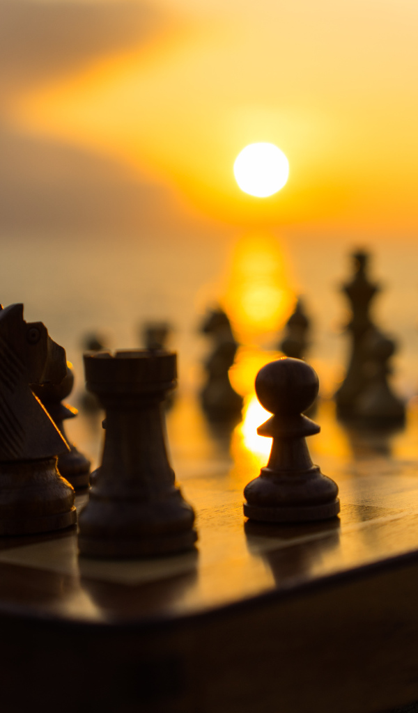 Шахматная доска с шахматными фигурами на закате солнца