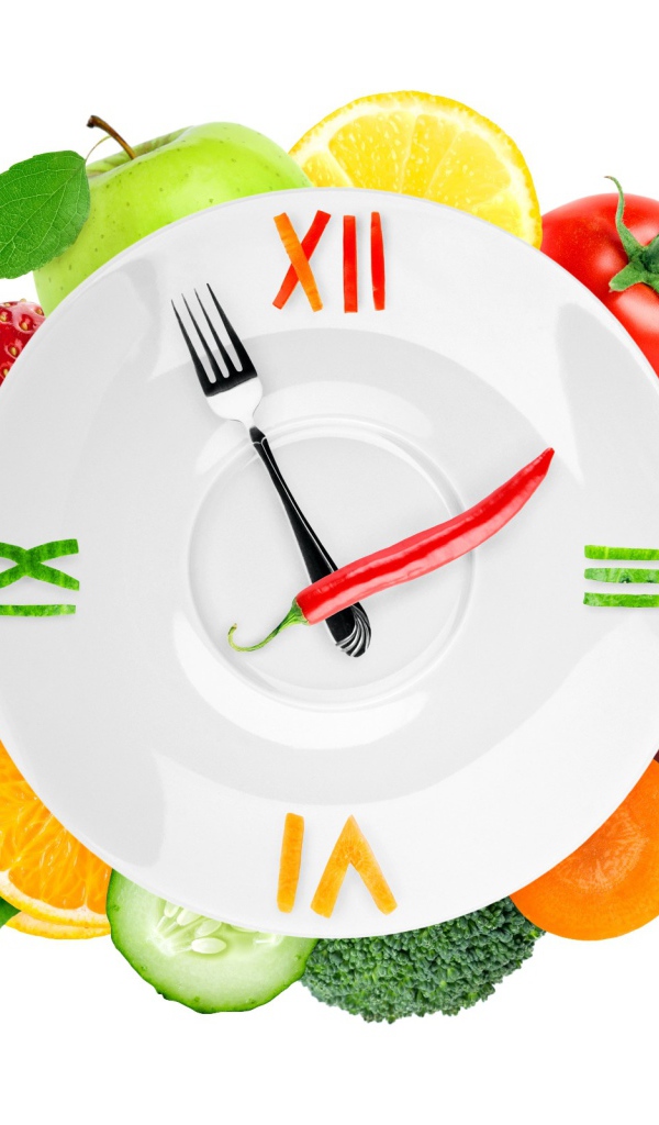 Креативные часы для вегетарианцев на белом фоне 