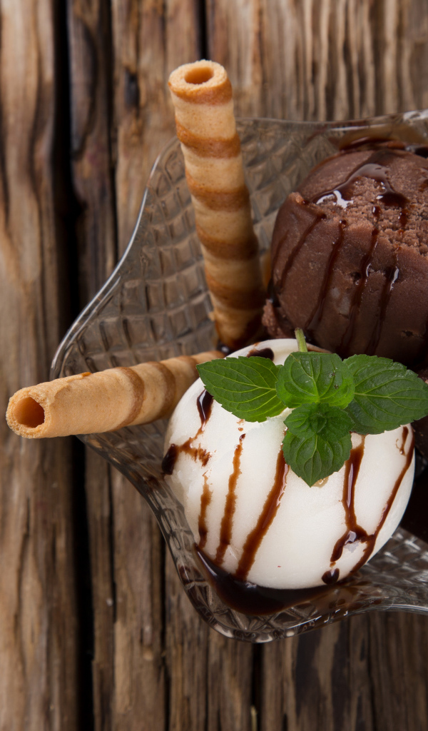 Шарики шоколадного и сливочного мороженого с трубочками