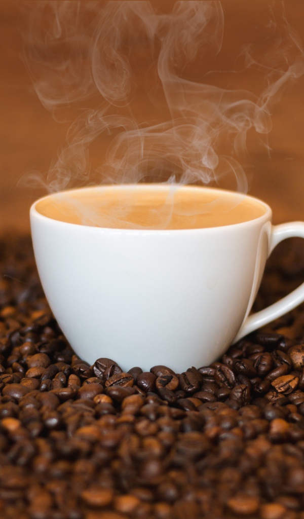 Белая чашка с кофе на кофейных зернах