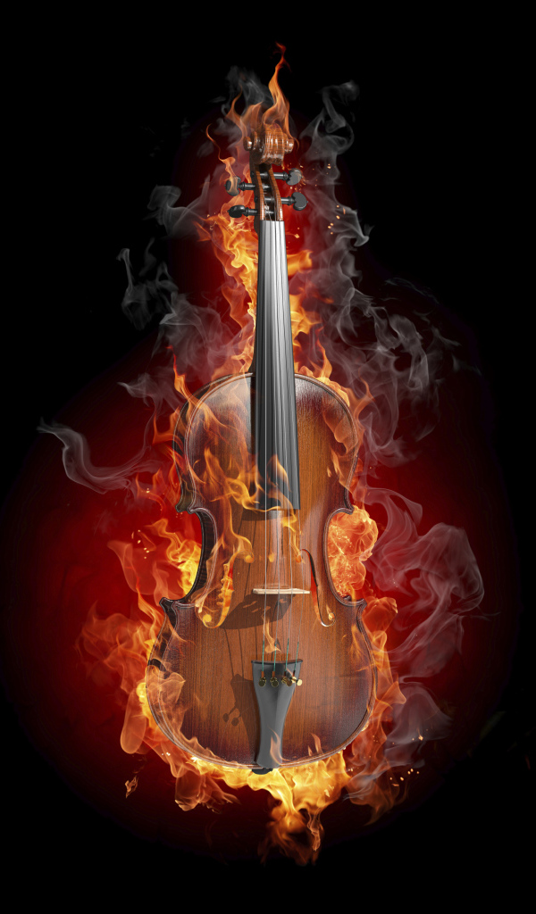 Flaming fire violin on a black background