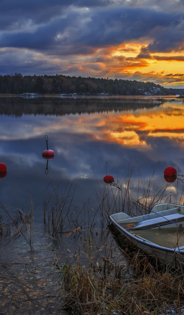 Лодки в тихом лесном озере на закате солнца