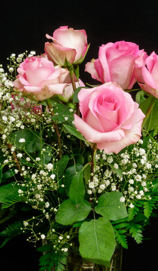 Красивый букет розовых роз с белыми цветами на черном фоне