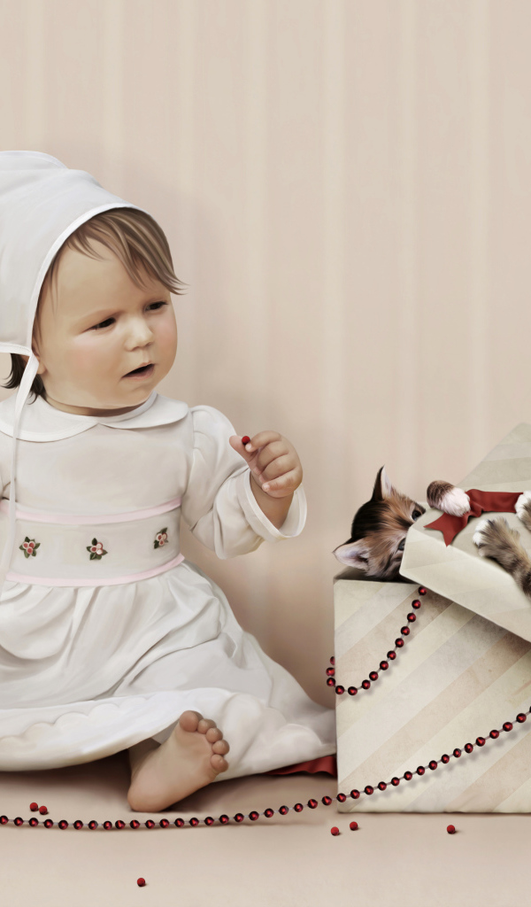 Маленькая девочка в белом платье с коробком с маленькими котятами