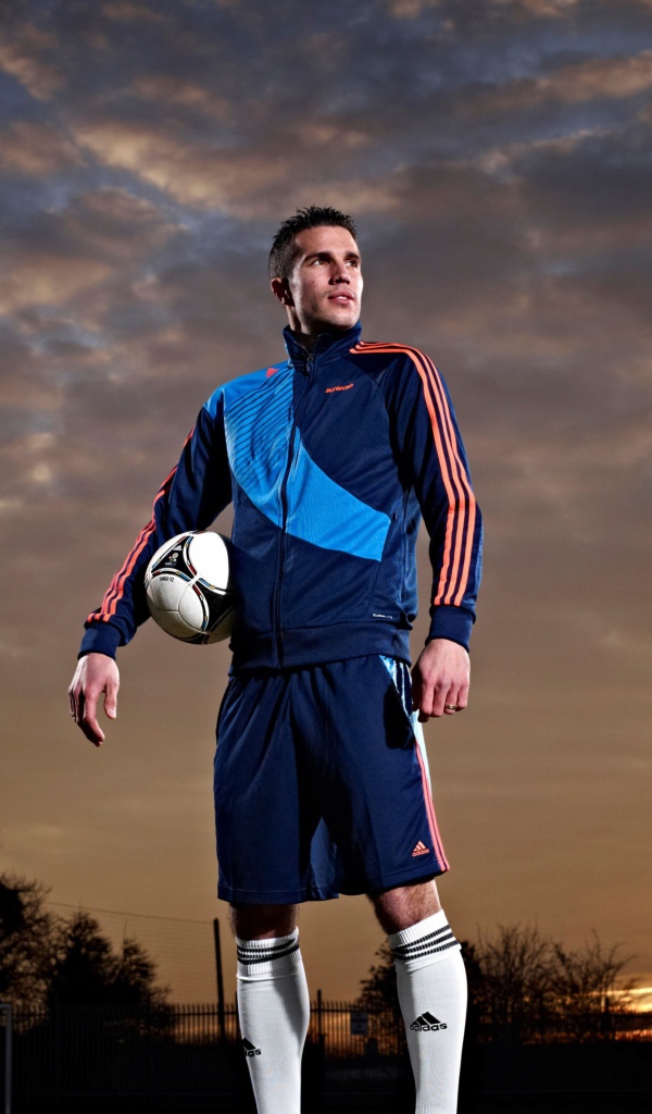Футболист  Робин ван Перси с мячом на фоне неба