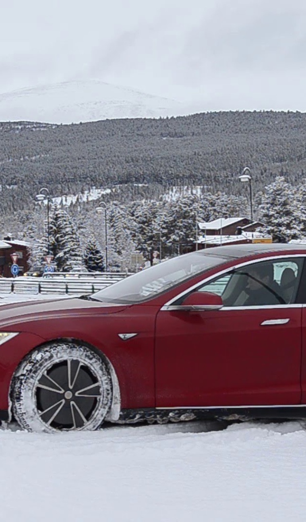 Tesla electric car in the snow