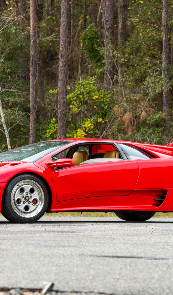 Красный спортивный автомобиль Lamborghini Diablo на фоне леса