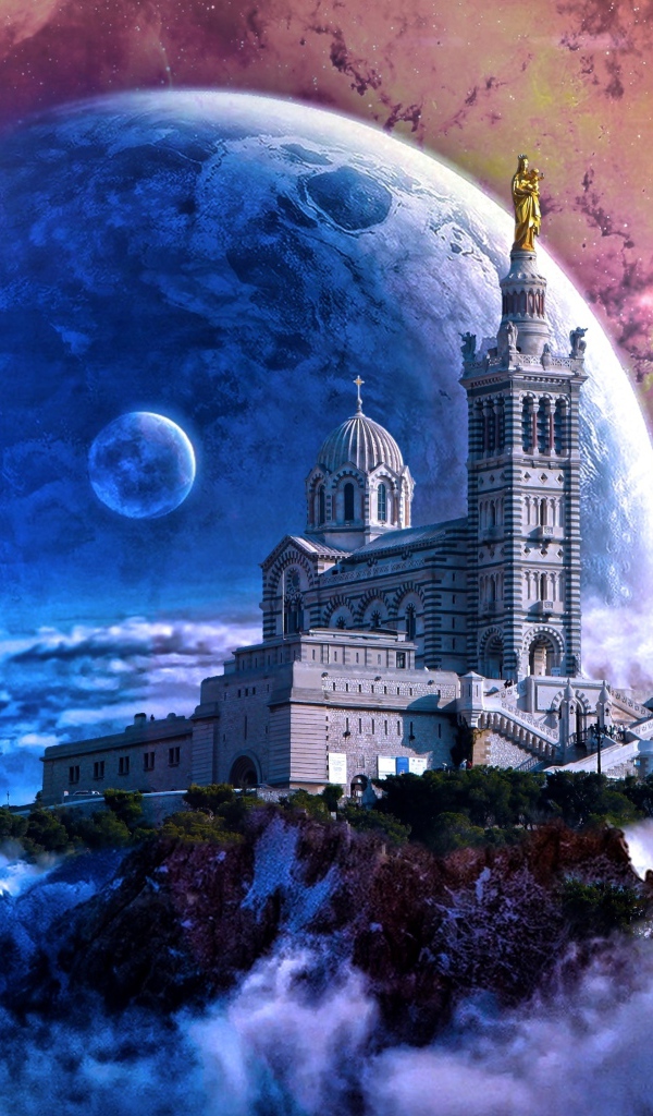 Castle on a background of cosmic planets, fantasy