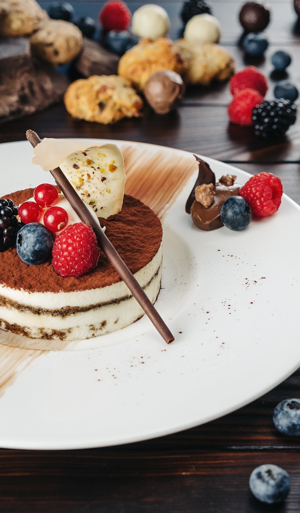 Пирожное с ягодами и шоколадом на белой тарелке 