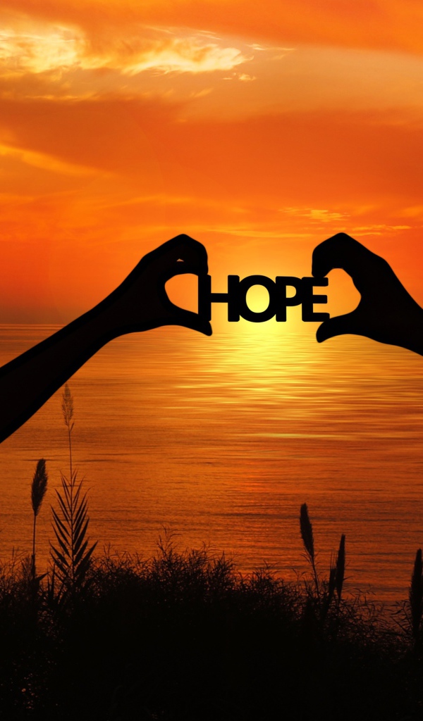 Силуэты пары держат в руках надпись HOPE на фоне заката