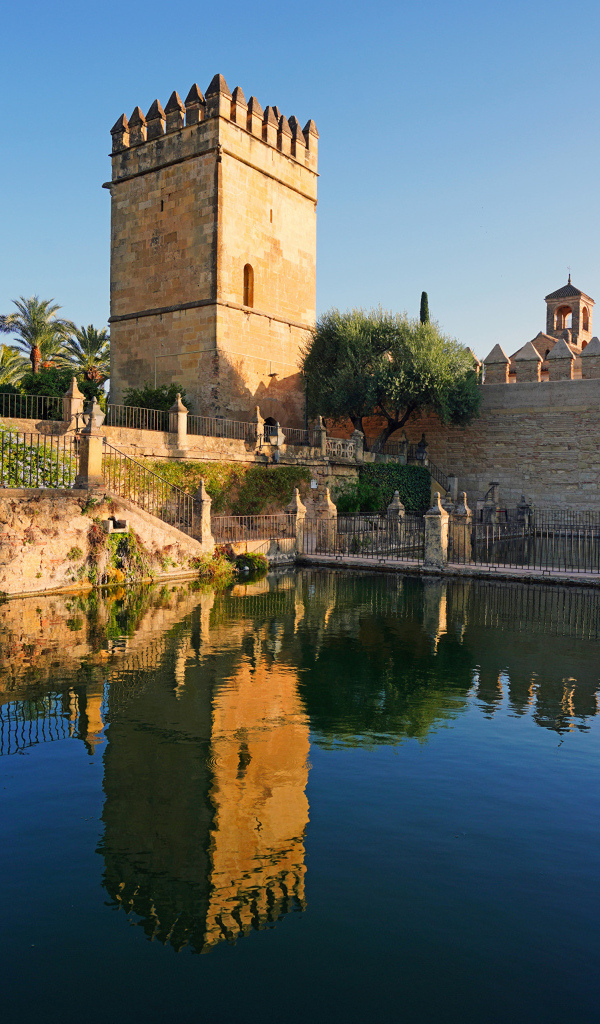 Башня отражается в водном канале в городе Кордова, Испания