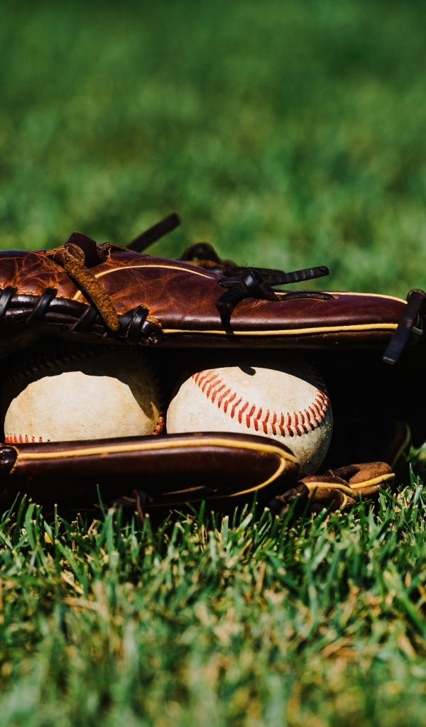 Бейсбольная перчатка и мячи на зеленой траве