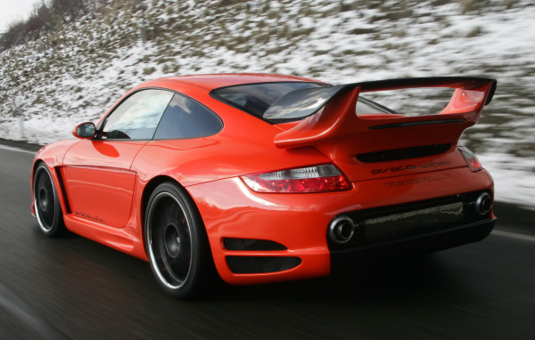 Red Porsche on winter road