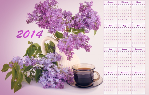 Календарь на Новый Год 2014, сиреневый фон