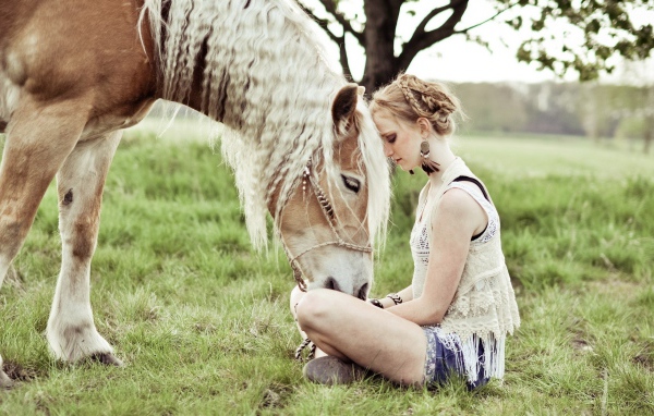 Лошадь прислонилась к девушке