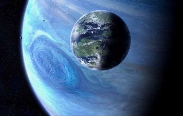 Земля на фоне голубого Юпитера