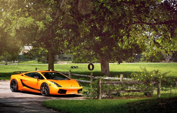 Оранжевый Lamborghini у фермерского забора