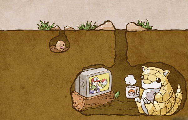 Покемон смотрит телевизор под землей