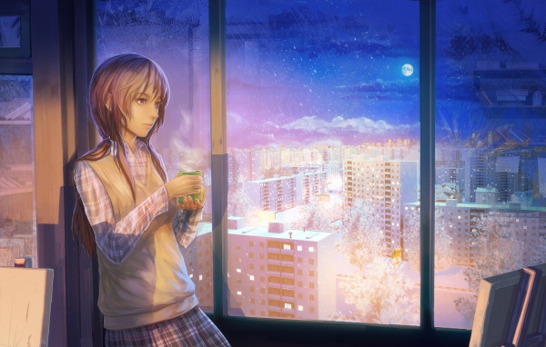 Девушка смотрит на ночной город, работа художника ArseniXC