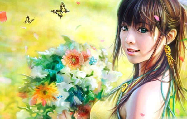 Милая японская девушка с букетом цветов