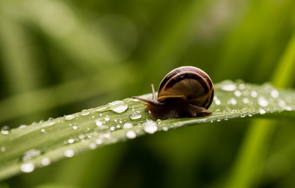 A snail sits on a dew-covered green leaf