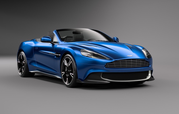 Blue cabriolet Aston Martin Vanquish S Volante on a gray background