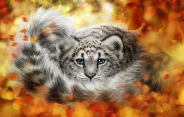 Young snow leopard in yellow leaves, drawing