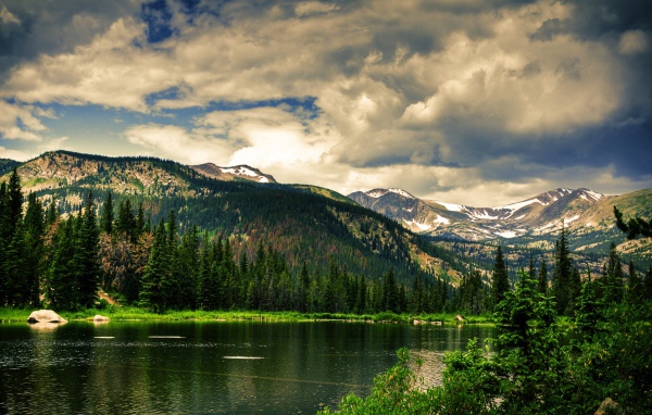 Чистое горное озеро на фоне покрытых лесом гор под облачным небом