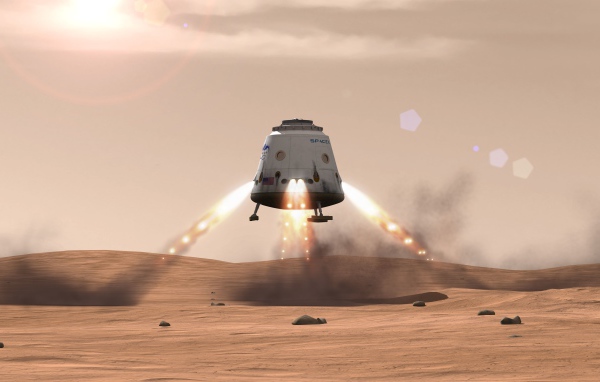 Взлет исследовательской ракеты Красный дракон с поверхности Марса