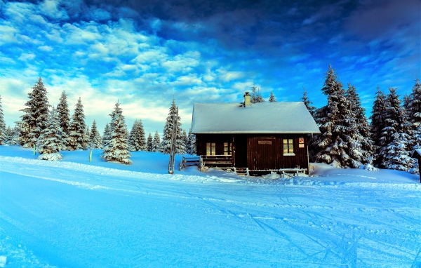 Дом в лесу у заснеженной дороги под красивым зимним небом