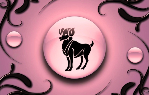 Знак зодиака Овен на  розовом фоне с чёрным орнаментом 