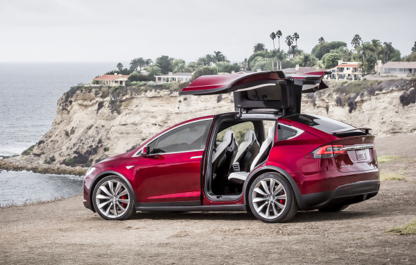 Red electric Tesla on the shore