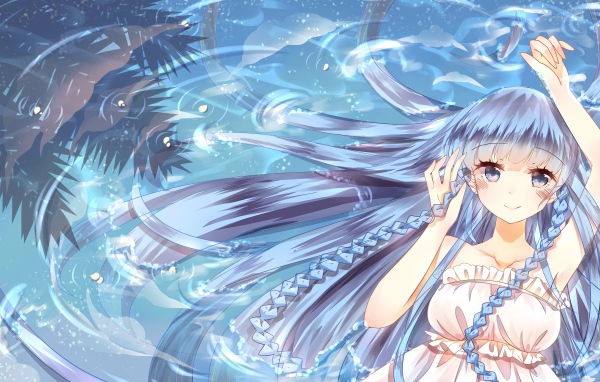 Девушка аниме с длинными волосами в воде