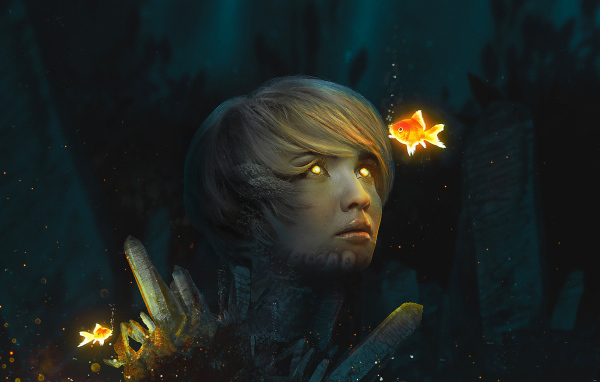 Girl with glowing eyes at the bottom with goldfish