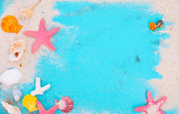 Ракушки и морские звезды с песком на голубом фоне