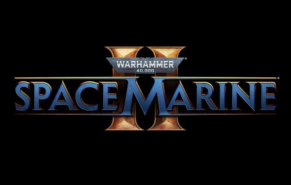 Логотип компьютерной игры Warhammer 40,000: Space Marine 2 на черном фоне