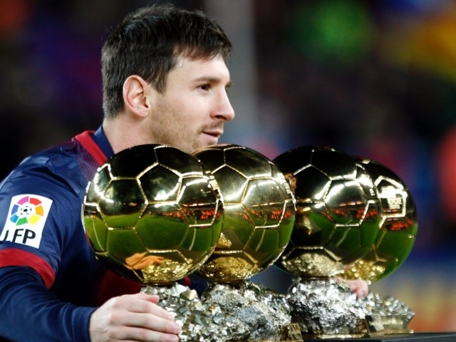 The player of Barcelona Lionel Messi is with his trophies wallpapers ...
