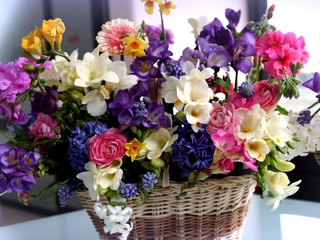 красивые, корзинка, букет, разные, цветы, ранункулюс обои на рабочий стол 1440 х 900, фото 55977