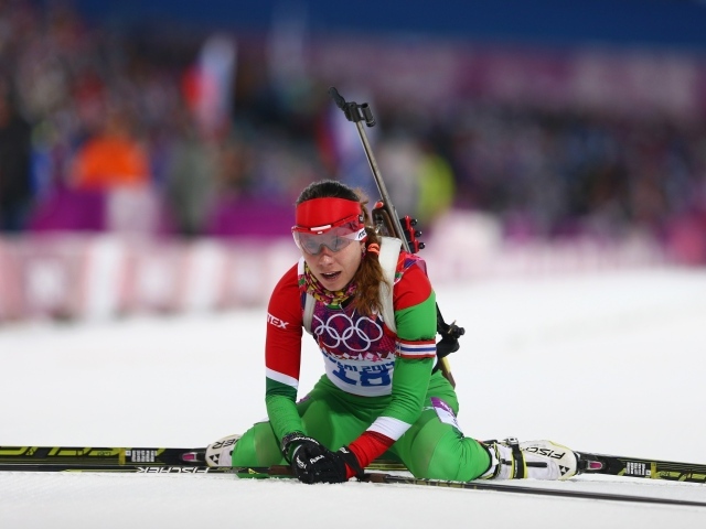 Bronze medal winner Belarusian biathlete Hope Scardino at the Olympics in Sochi