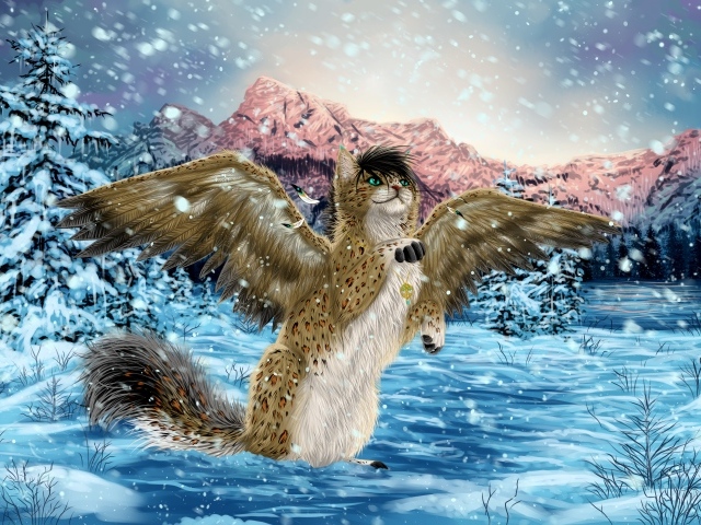 Волшебный кот с крыльями в зимнем лесу, фэнтези