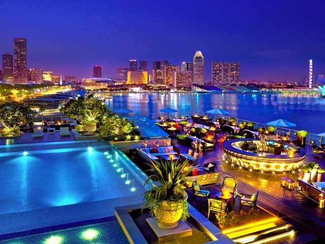 Панорама ночного города Сингапур, Азия 