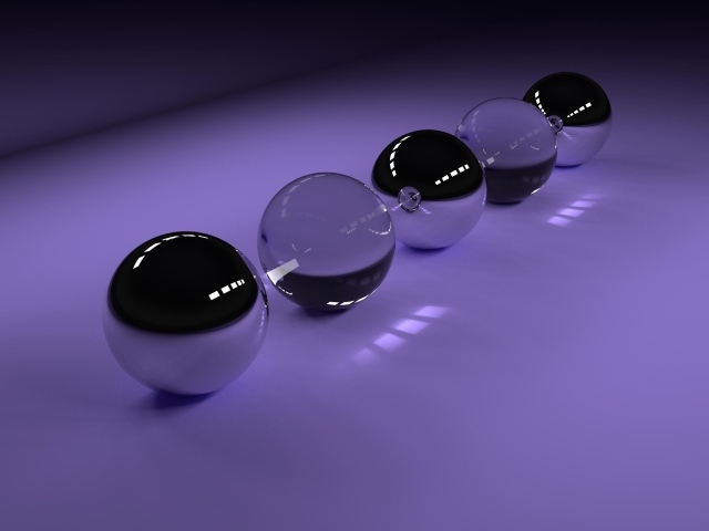 Прозрачные стеклянные шары на фиолетовом фоне, 3д графика