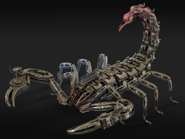 Металлический робот скорпион на сером фоне